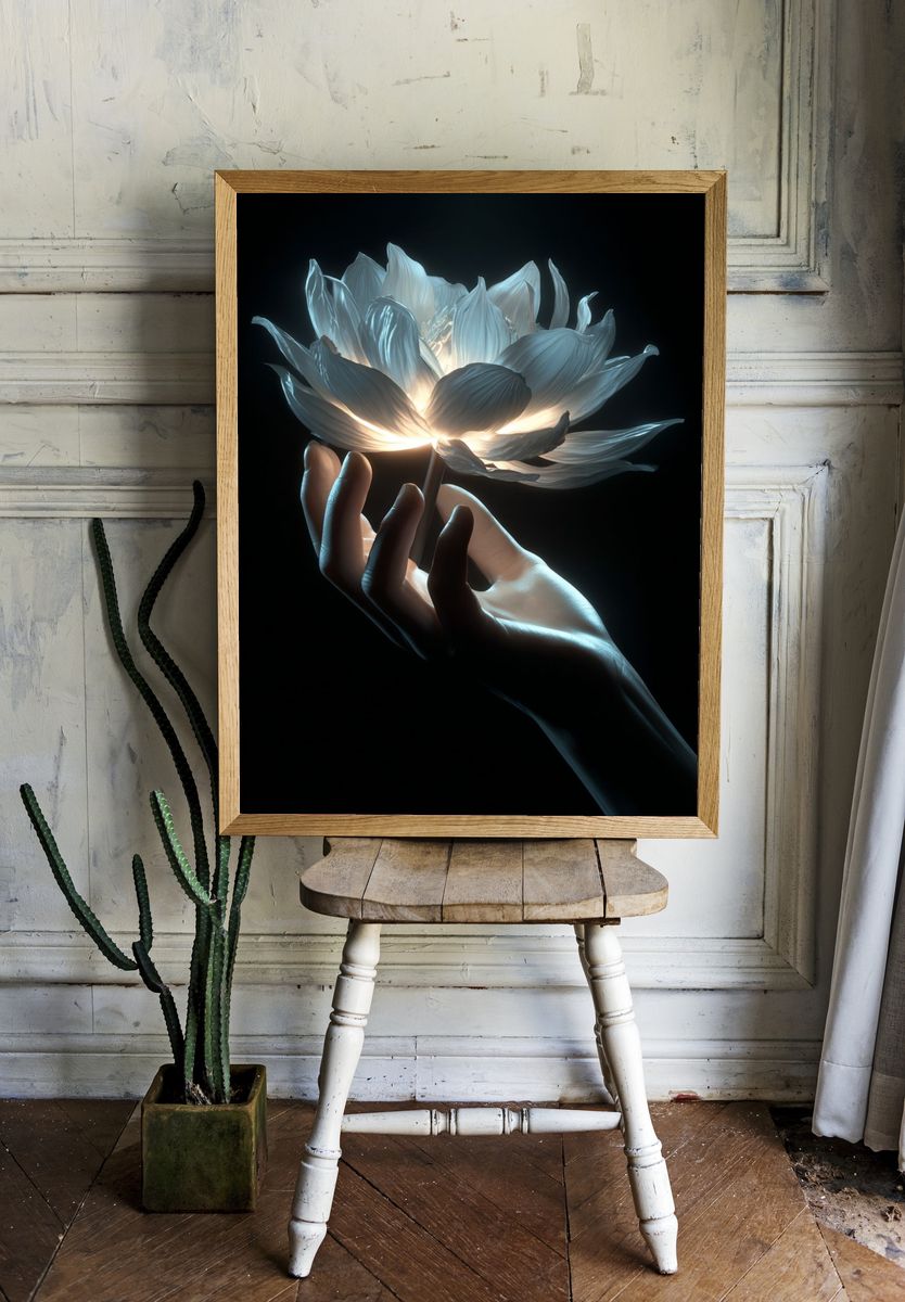 Glowing Lotus Hand Digital Art Poster. — room view 1