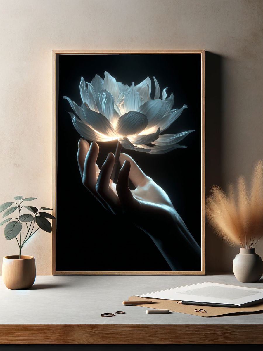 Glowing Lotus Hand Digital Art Poster. — room view 2