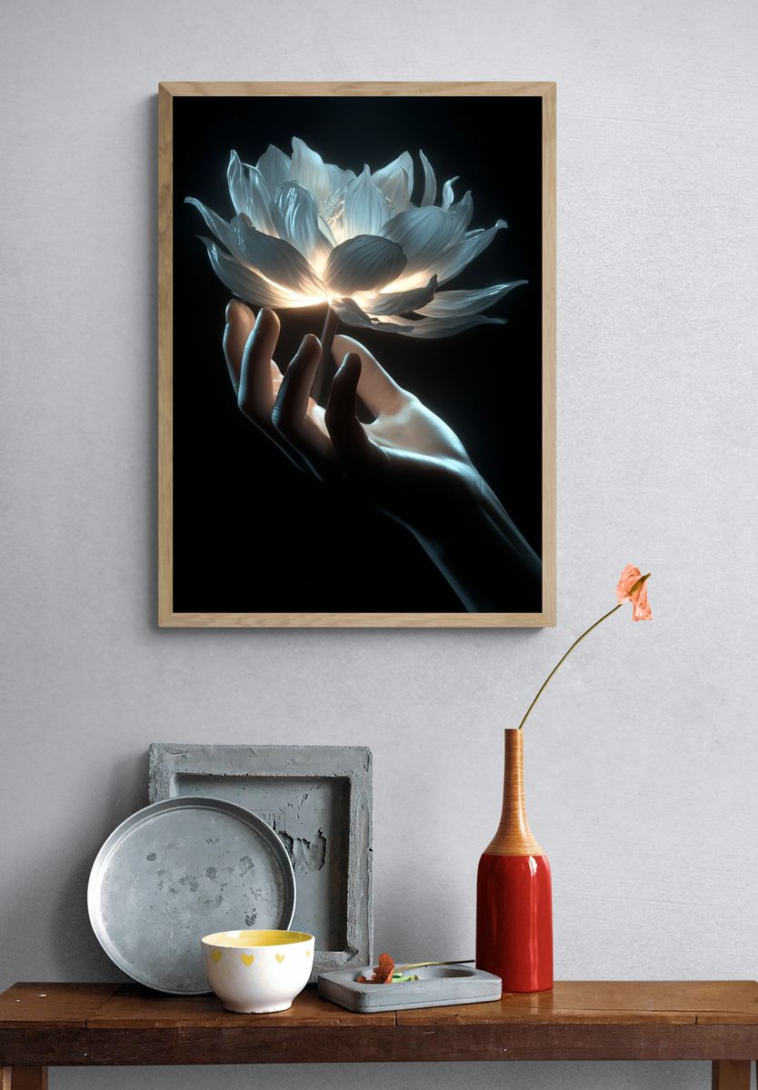 Glowing Lotus Hand Digital Art Poster. — room view 3