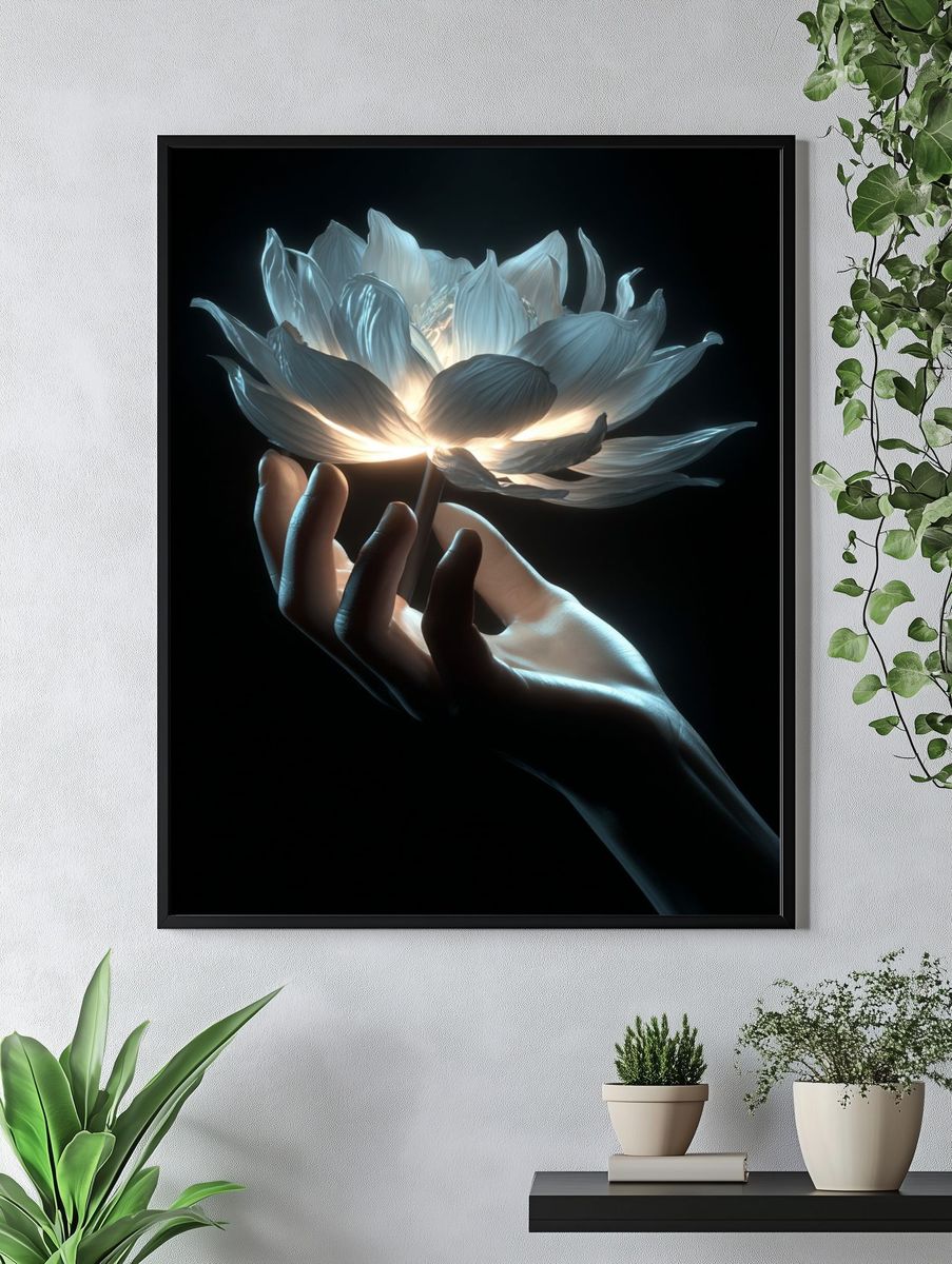 Glowing Lotus Hand Digital Art Poster. — room view 4