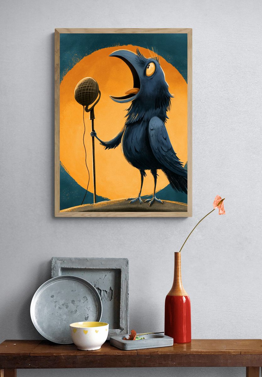 Singing Crow Illustration Poster. — room view 3