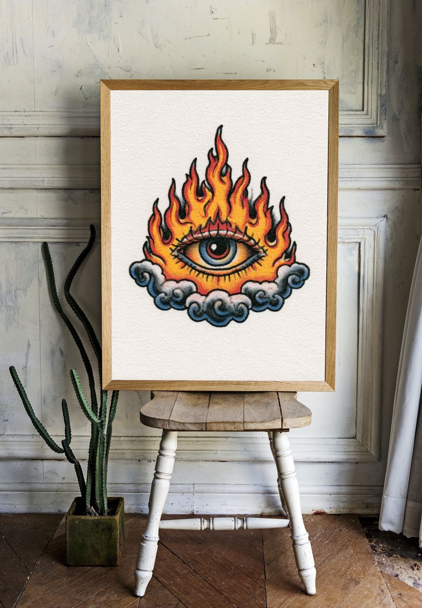 Flaming Eye Tattoo Illustration Poster. — room view 1