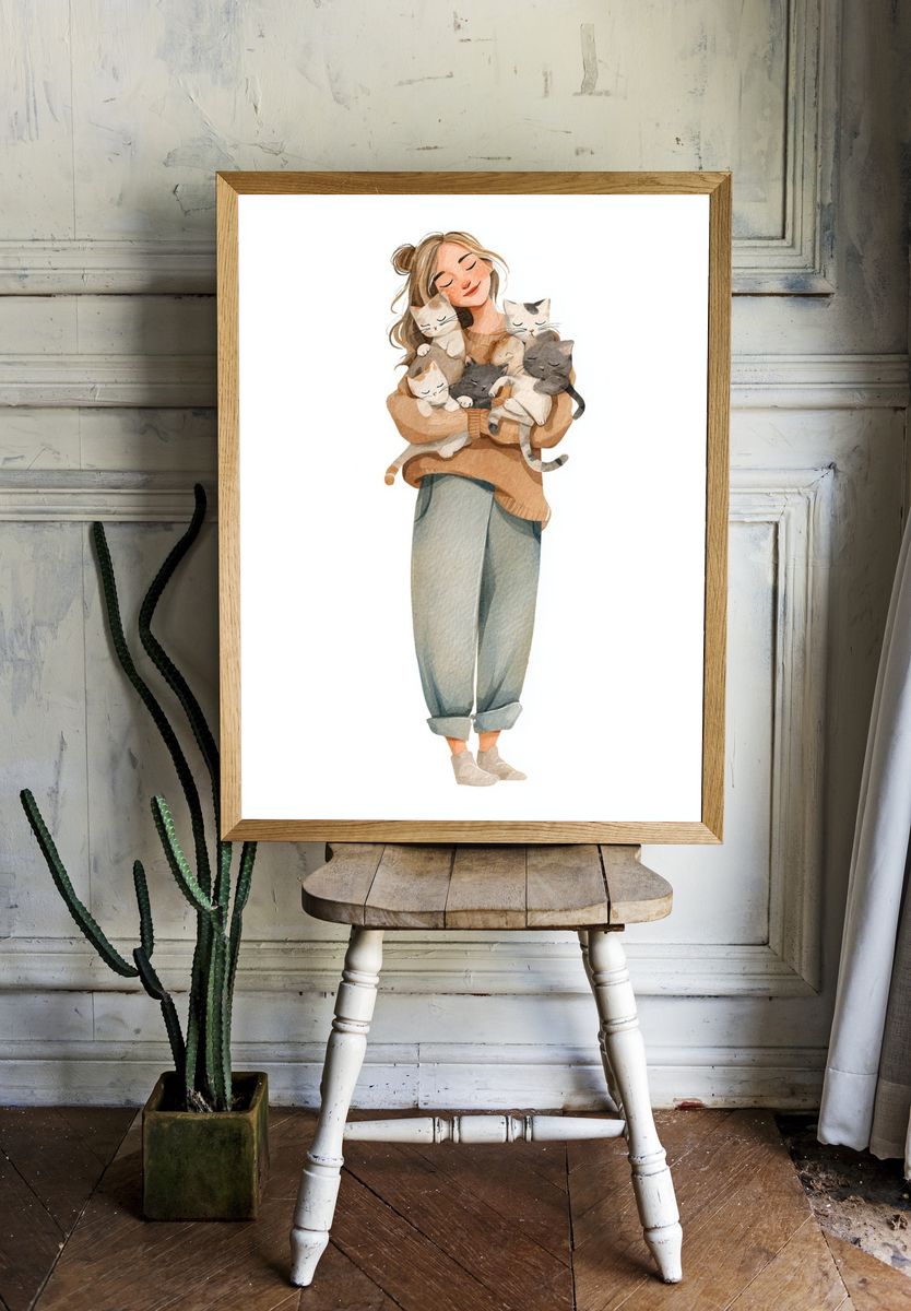 Cat Lover Watercolor Illustration Poster. — room view 1