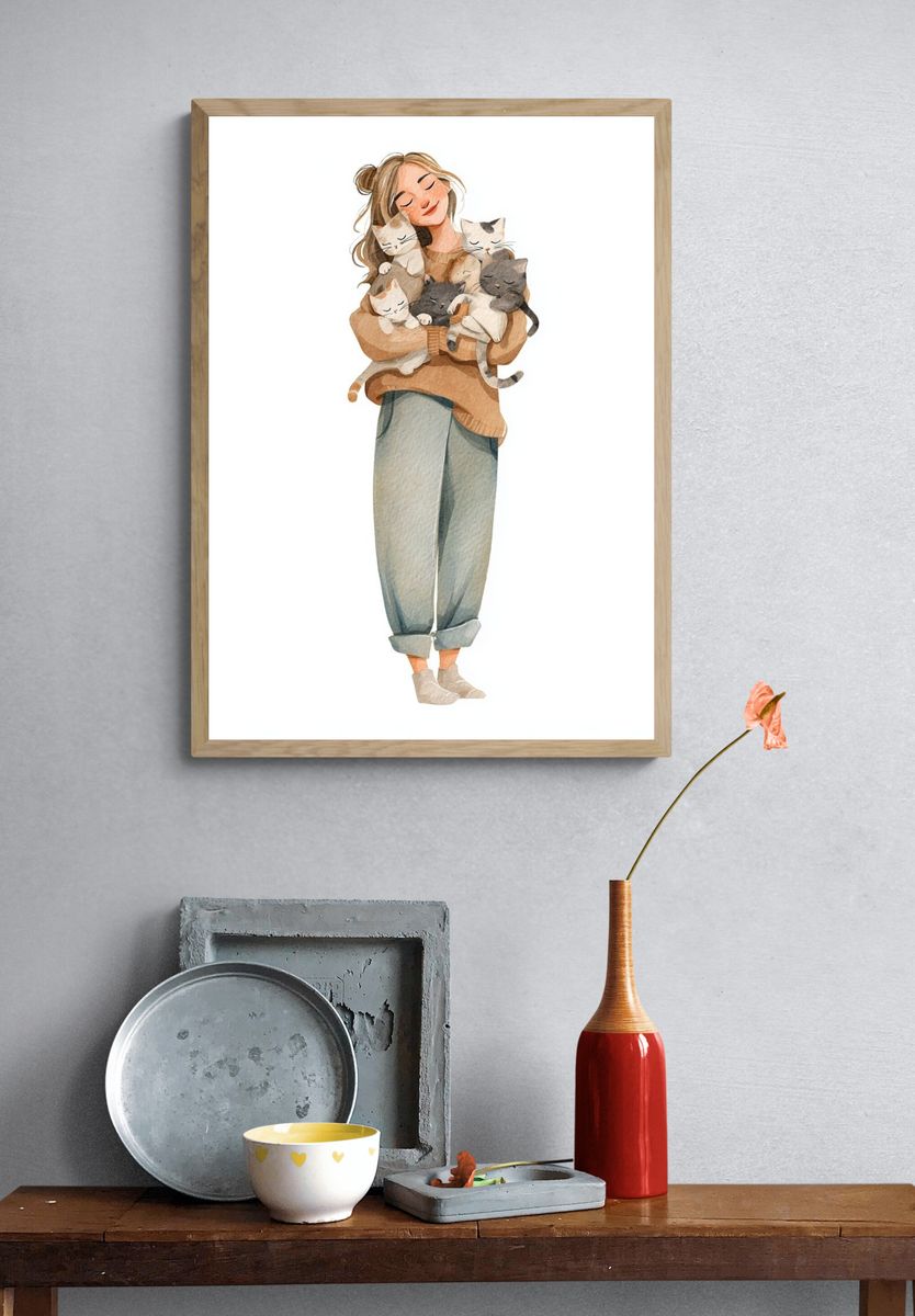 Cat Lover Watercolor Illustration Poster. — room view 3