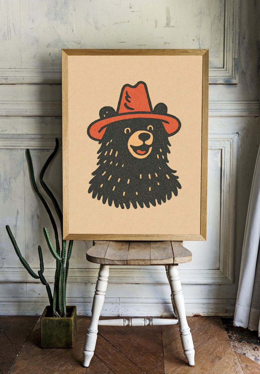 Bear in Red Hat Illustration Poster. — room view 1