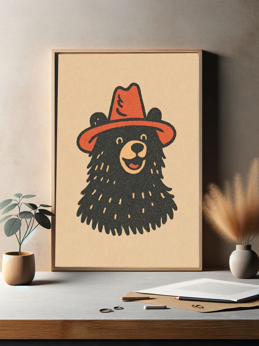 Bear in Red Hat Illustration Poster. — room view 2