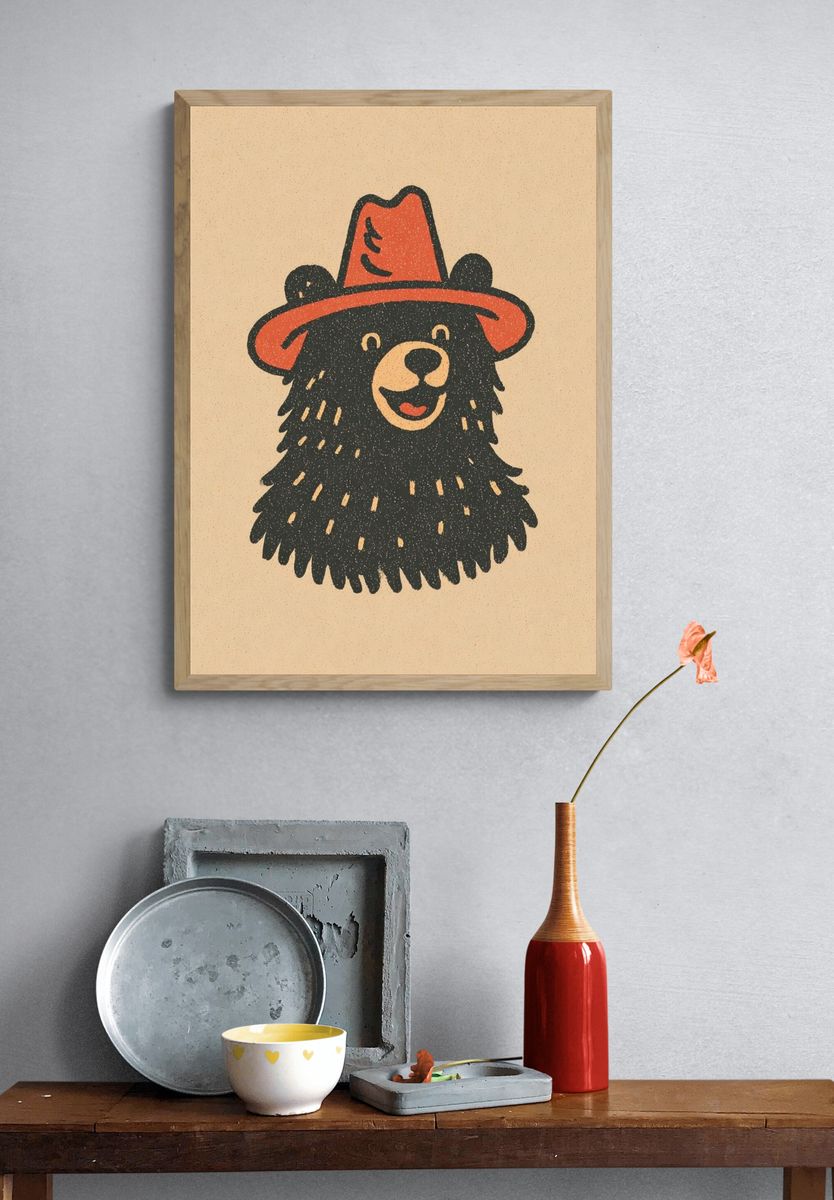 Bear in Red Hat Illustration Poster. — room view 3
