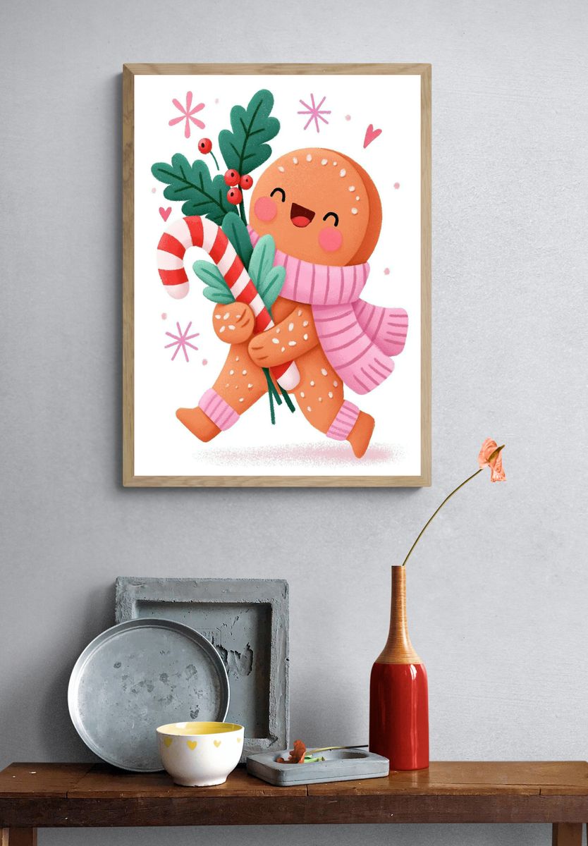 Gingerbread Cookie Holiday Illustration Poster. — room view 3
