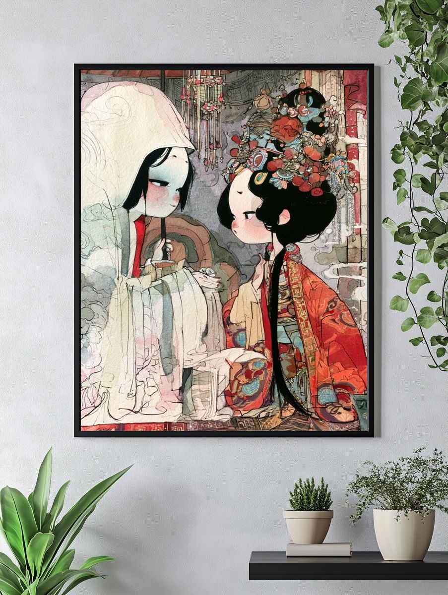 Chinese Opera Couple Illustration Poster. — room view 4