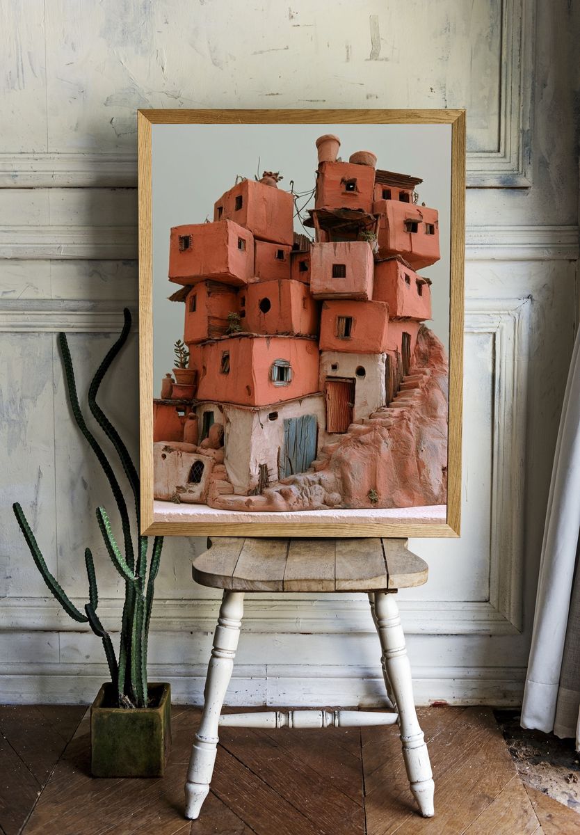 Desert Cliff Village Illustration Poster. room preview