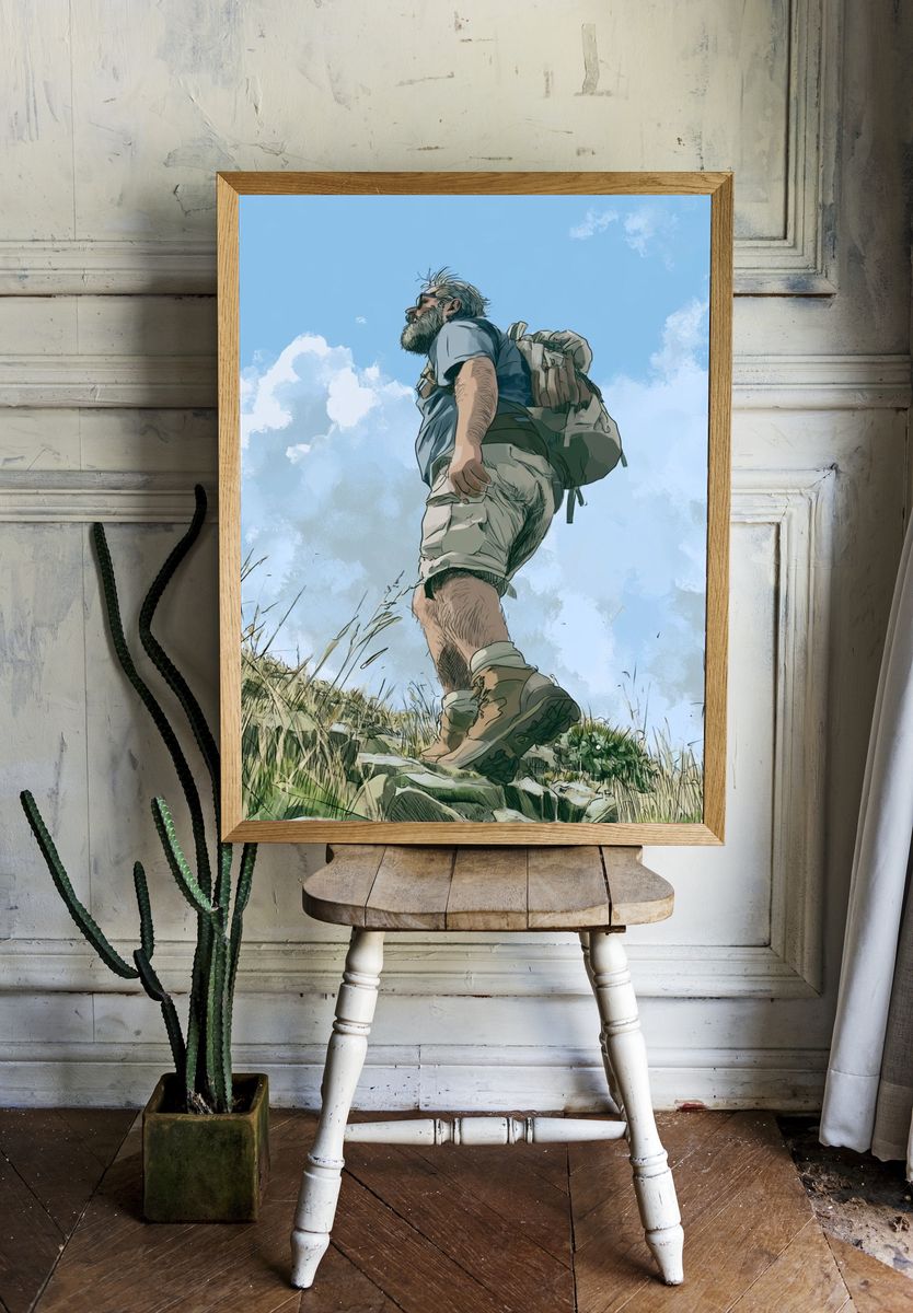 Hiker Under Blue Sky Illustration Poster. — room view 1