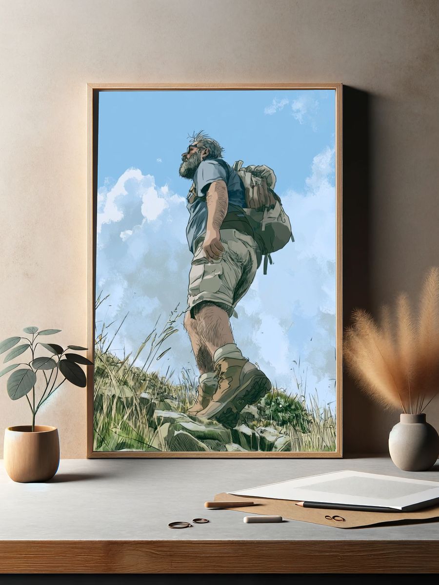 Hiker Under Blue Sky Illustration Poster. — room view 2