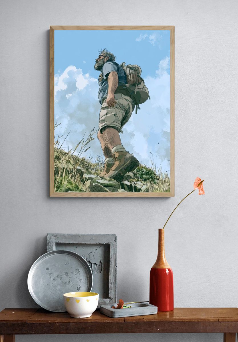 Hiker Under Blue Sky Illustration Poster. — room view 3