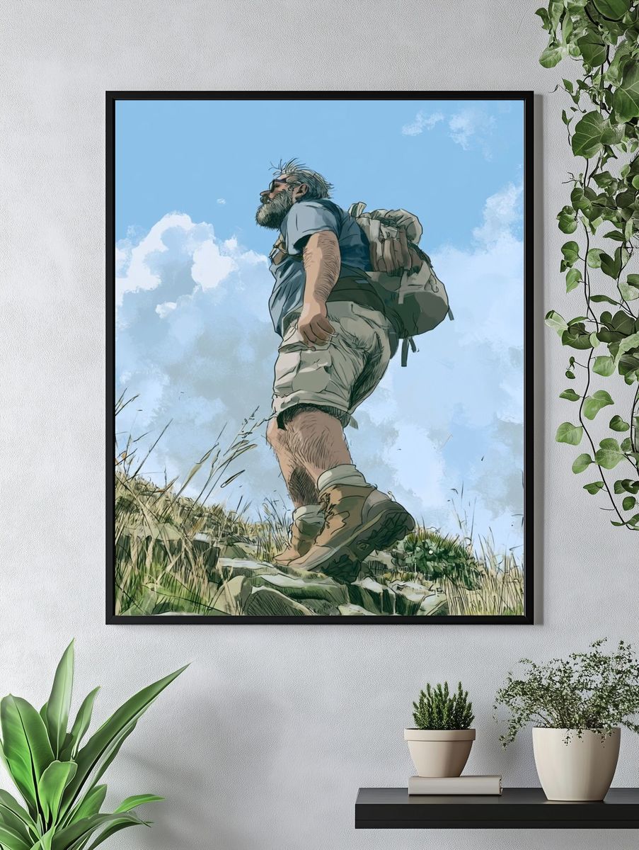 Hiker Under Blue Sky Illustration Poster. — room view 4