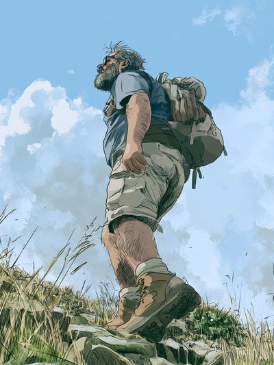 Hiker Under Blue Sky Illustration Poster.