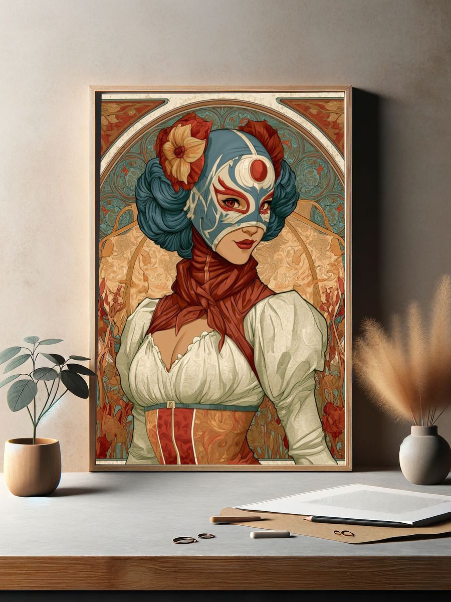 Masked Floral Portrait Illustration Poster. — room view 2