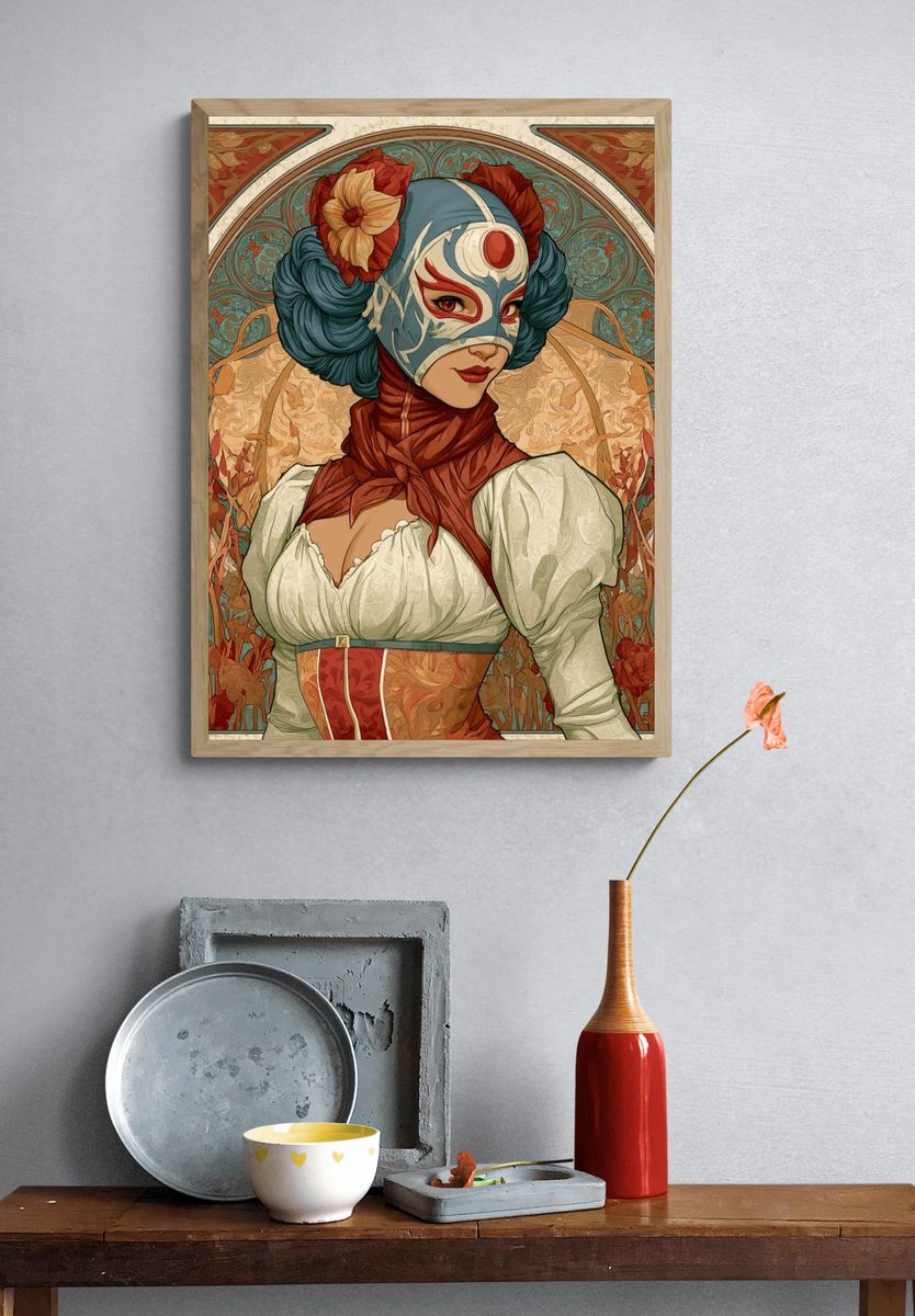 Masked Floral Portrait Illustration Poster. — room view 3