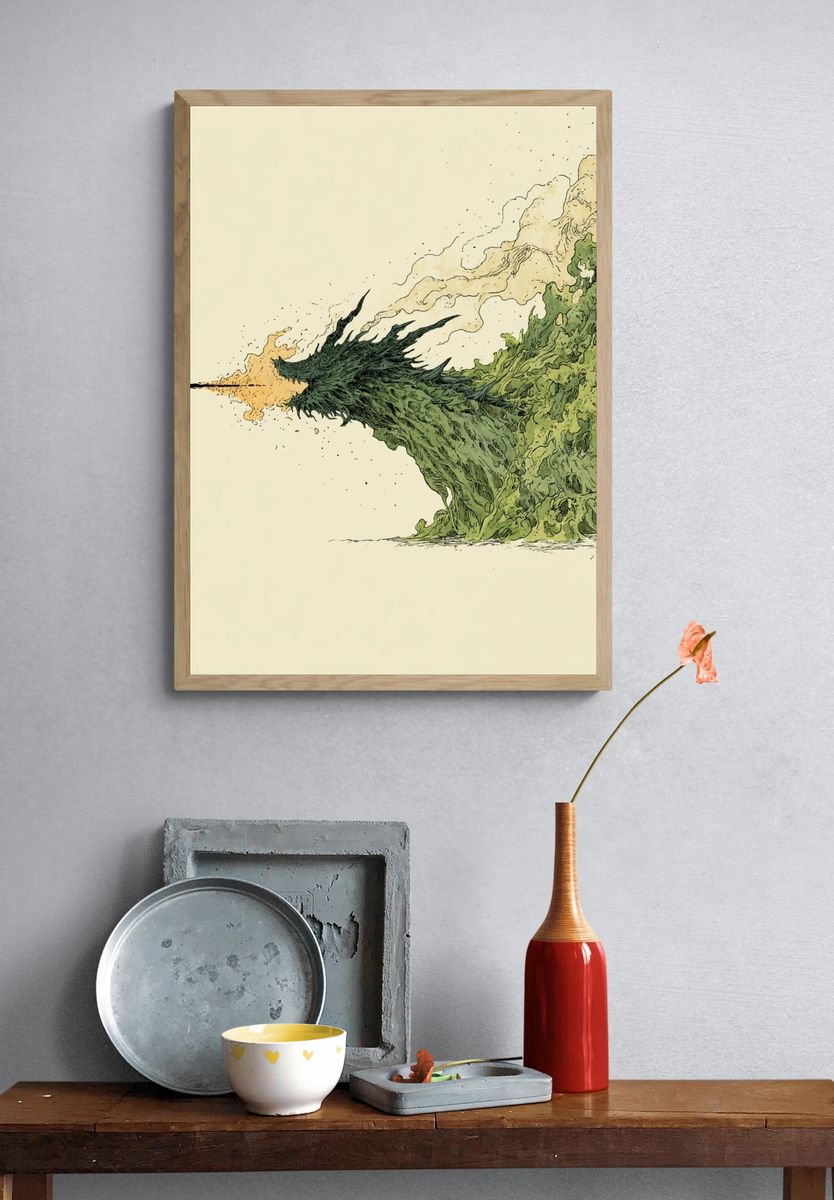 Emerald Dragon Burst Illustration Poster. — room view 3