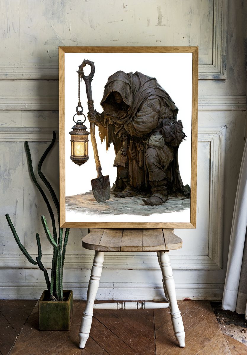 Hooded Lantern Keeper Illustration Print. room preview