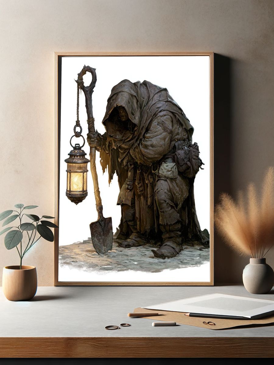 Hooded Lantern Keeper Illustration Print. — room view 2