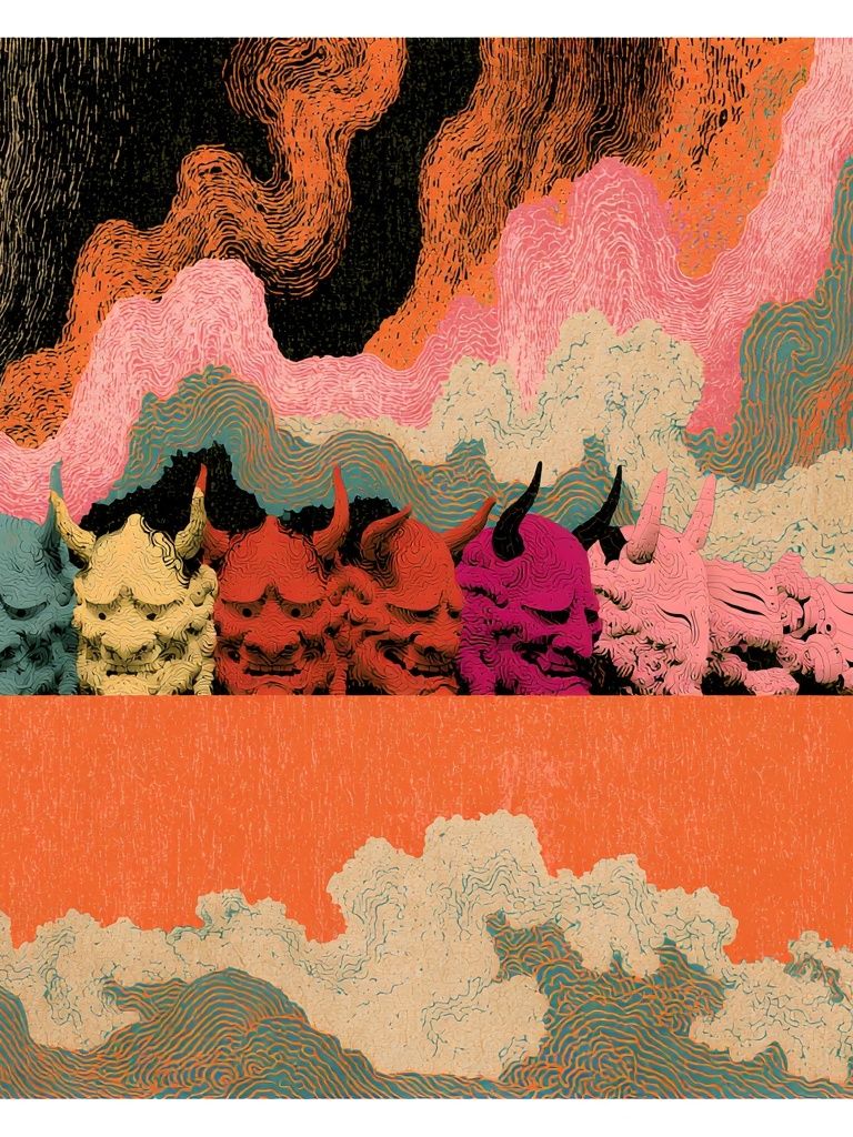 Colorful Horned Skulls Abstract Print. poster — illustration art