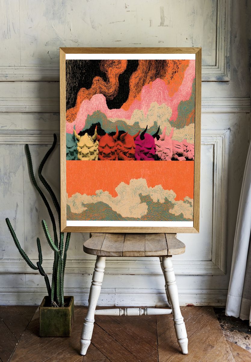 Colorful Horned Skulls Abstract Print. — room view 1