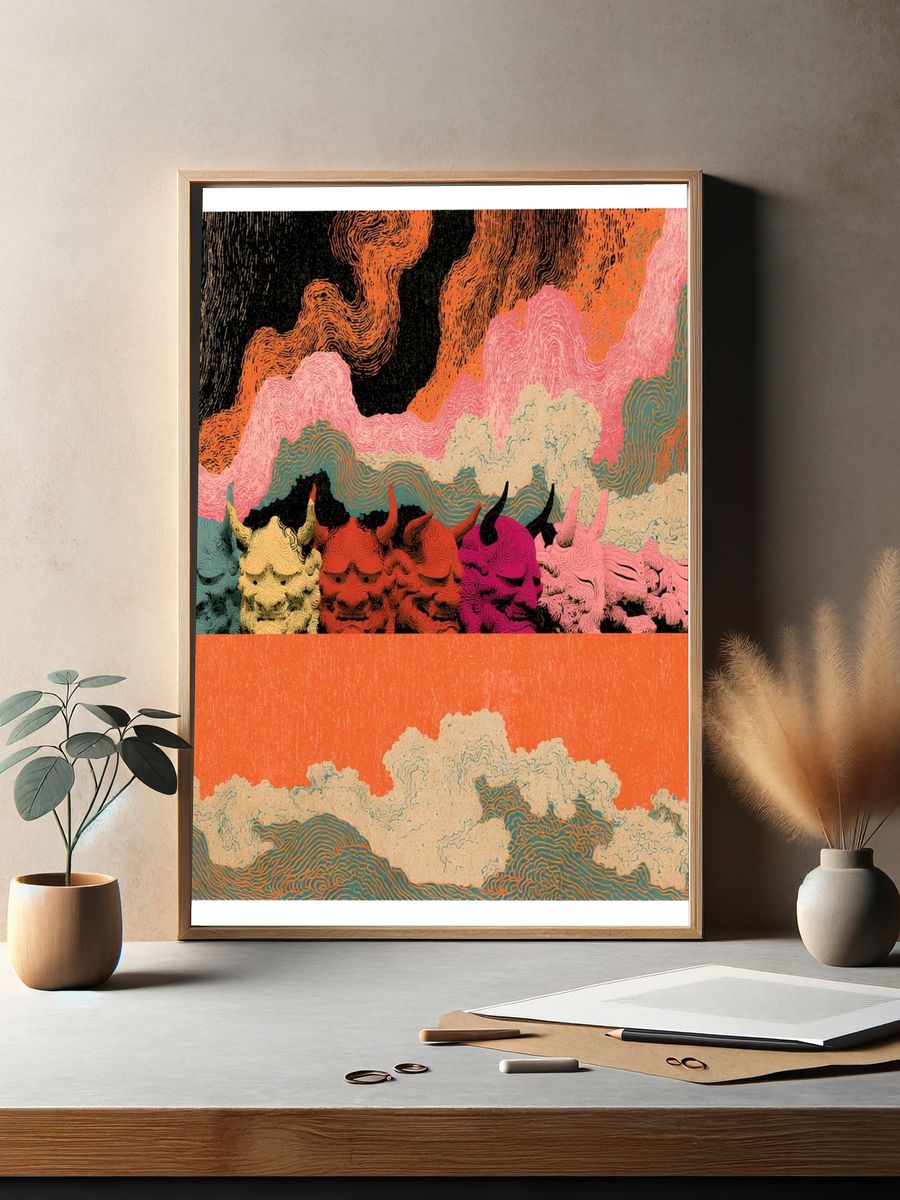 Colorful Horned Skulls Abstract Print. — room view 2
