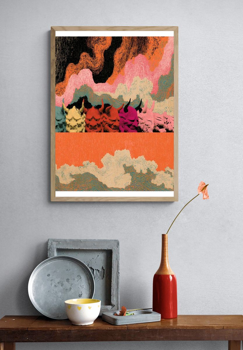 Colorful Horned Skulls Abstract Print. — room view 3