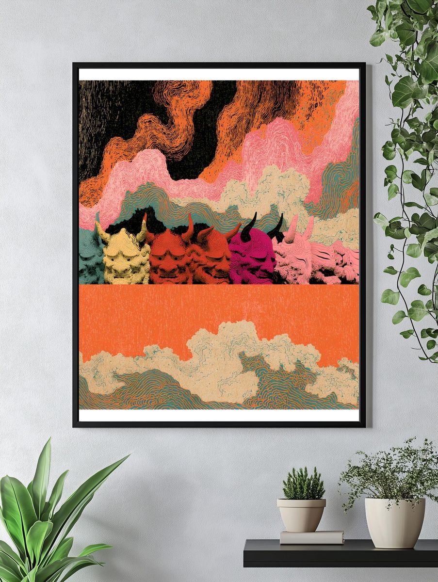 Colorful Horned Skulls Abstract Print. — room view 4