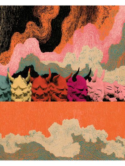 Colorful Horned Skulls Abstract Print.