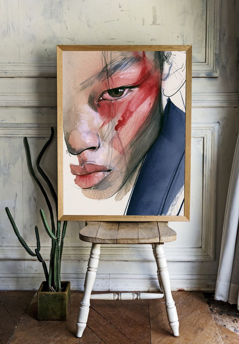 Abstract Face Watercolor Portrait Print. room preview