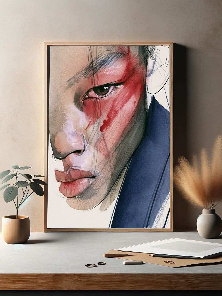 Abstract Face Watercolor Portrait Print. — room view 2