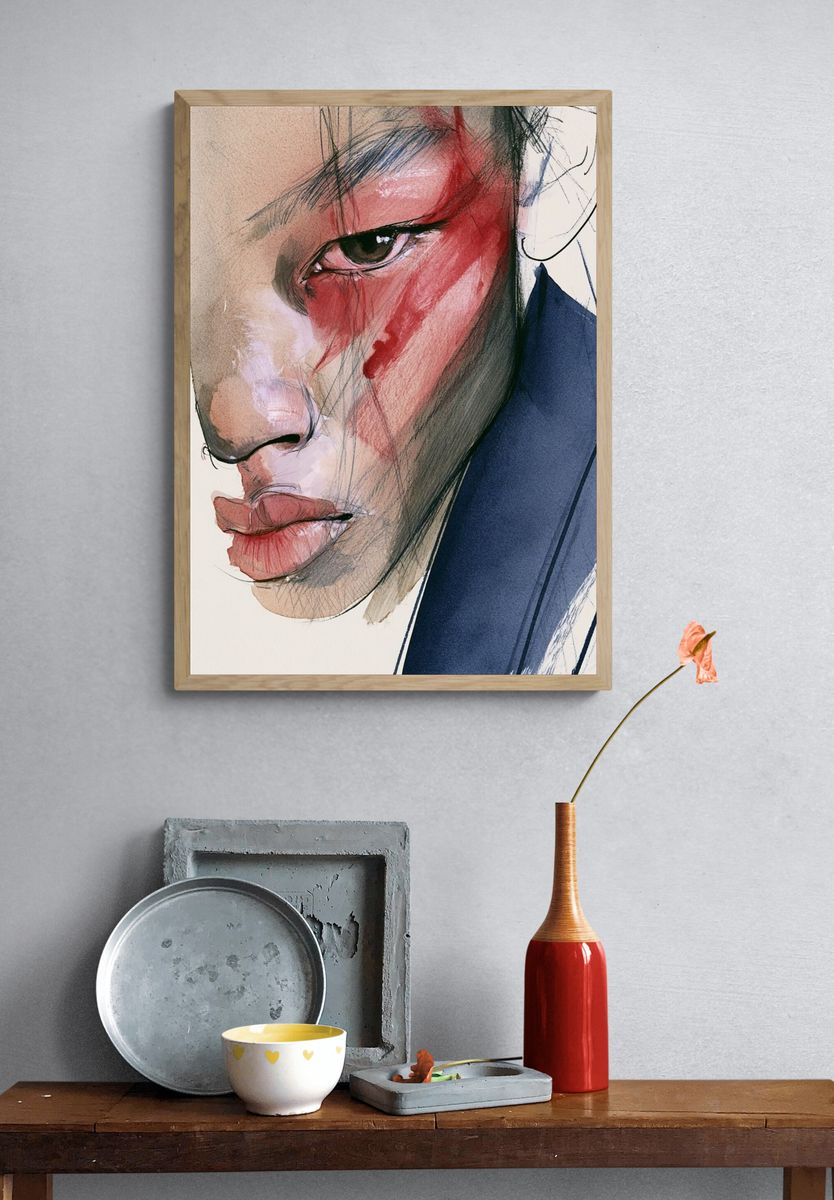 Abstract Face Watercolor Portrait Print. — room view 3