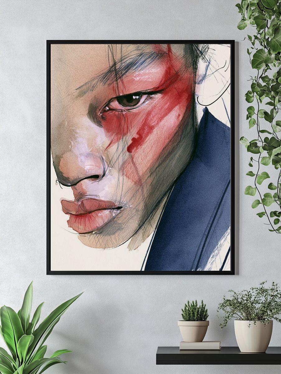 Abstract Face Watercolor Portrait Print. — room view 4