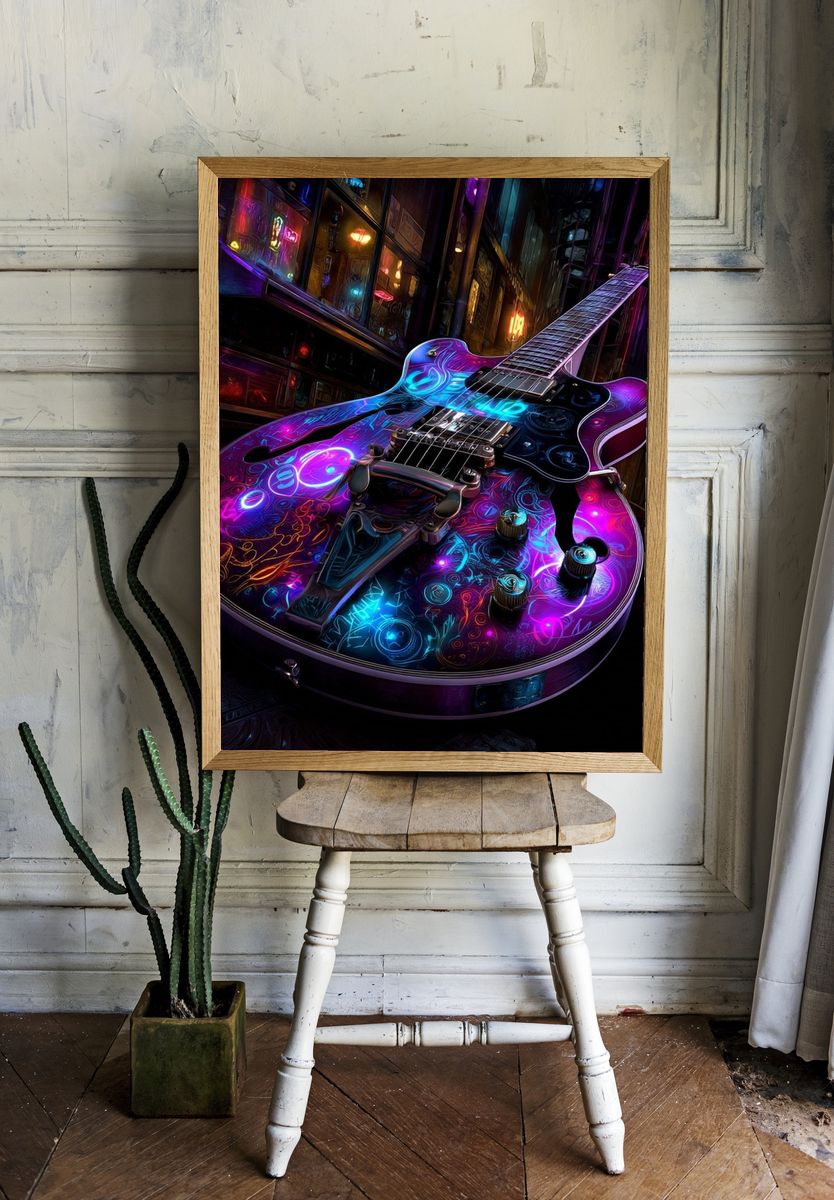 Neon Electric Guitar Digital Art Print. — room view 1