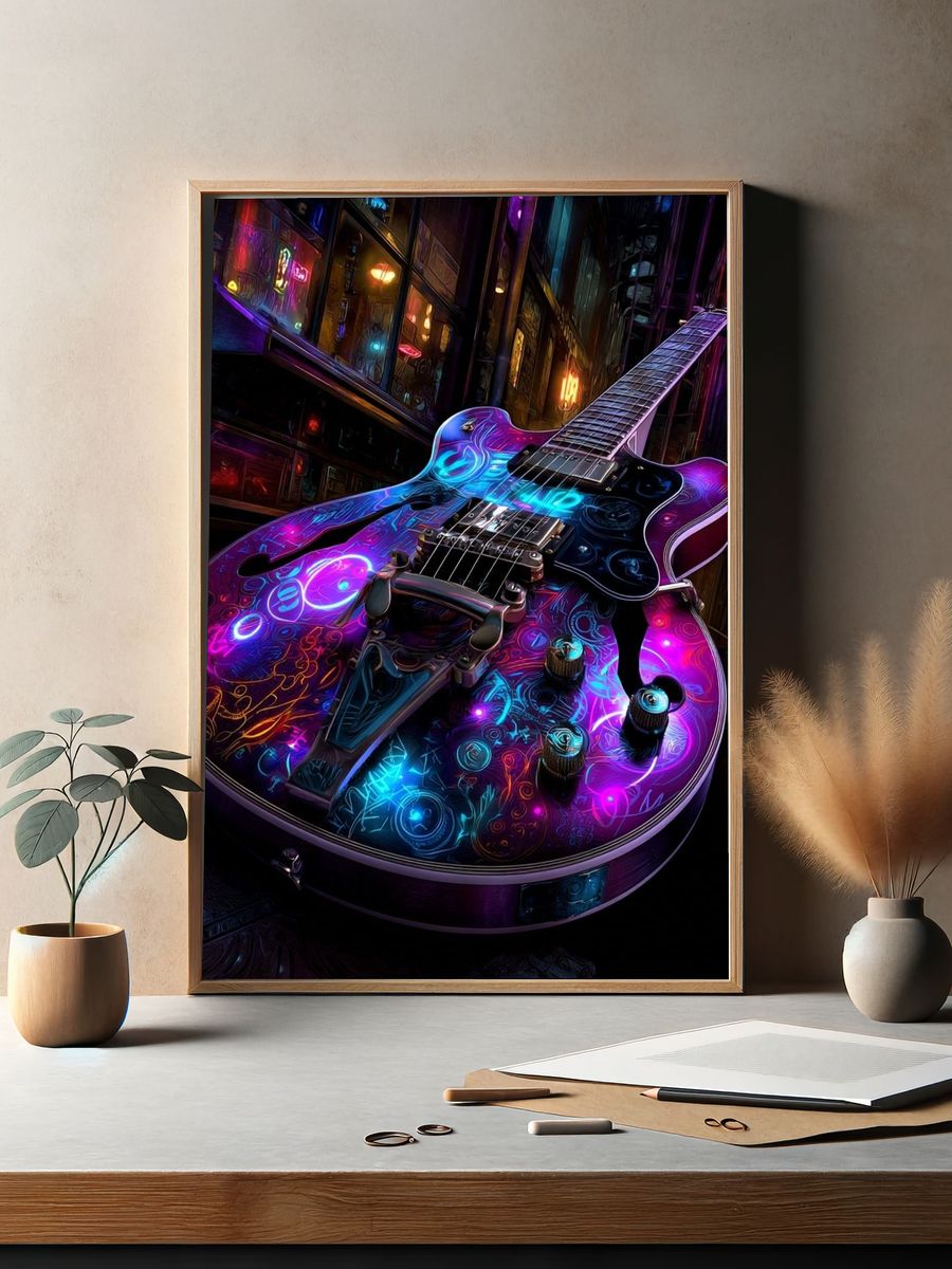 Neon Electric Guitar Digital Art Print. — room view 2
