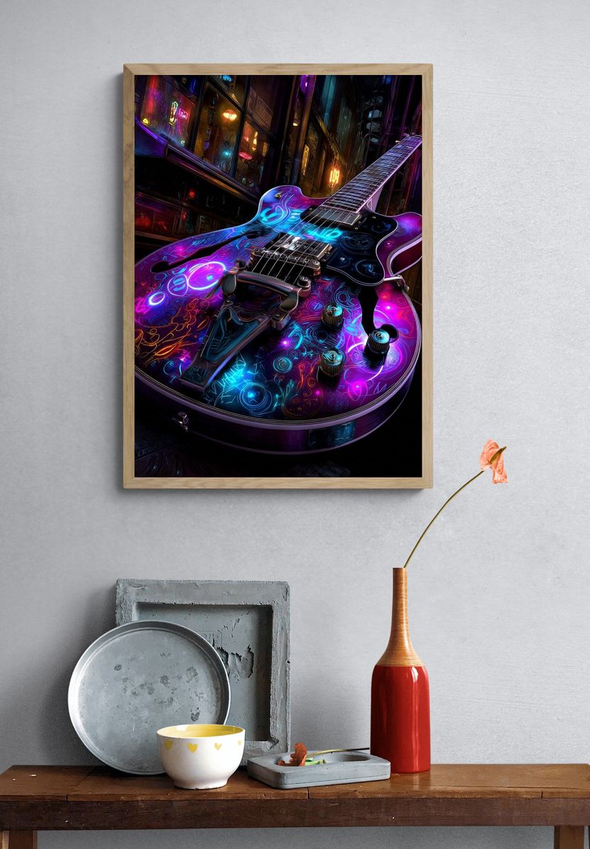 Neon Electric Guitar Digital Art Print. — room view 3