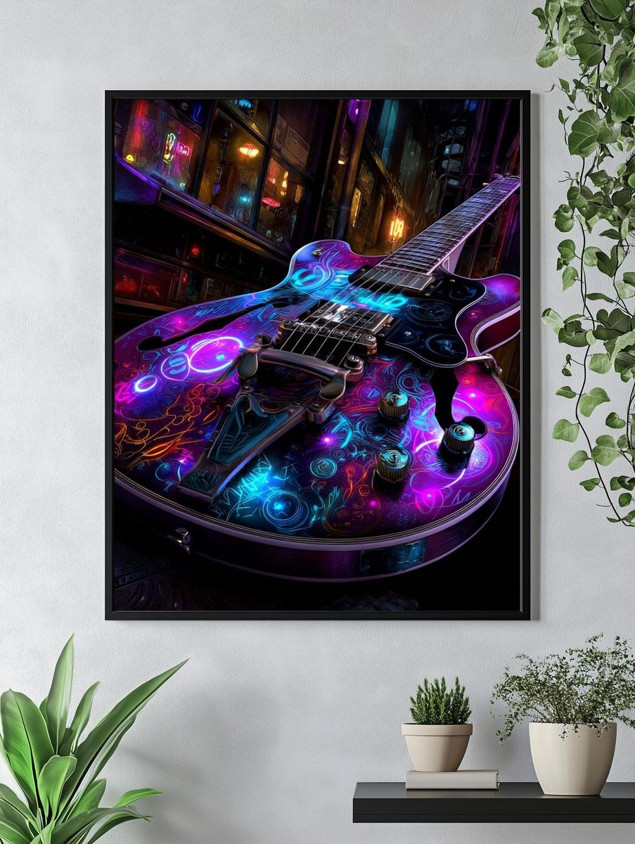 Neon Electric Guitar Digital Art Print. — room view 4