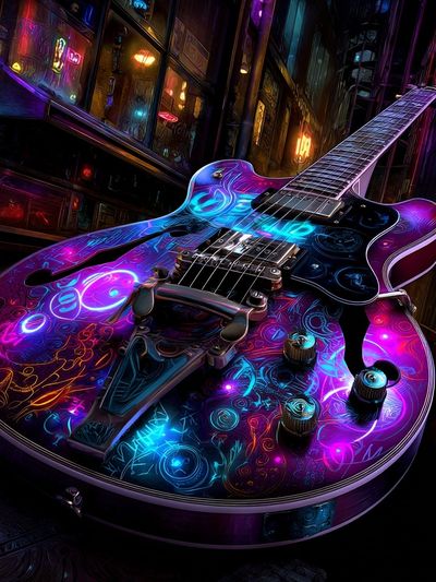 Neon Electric Guitar Digital Art Print. poster print