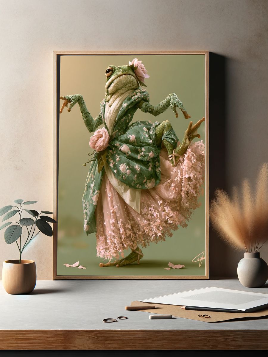 Floral Frog Ballet Illustration Poster. — room view 2