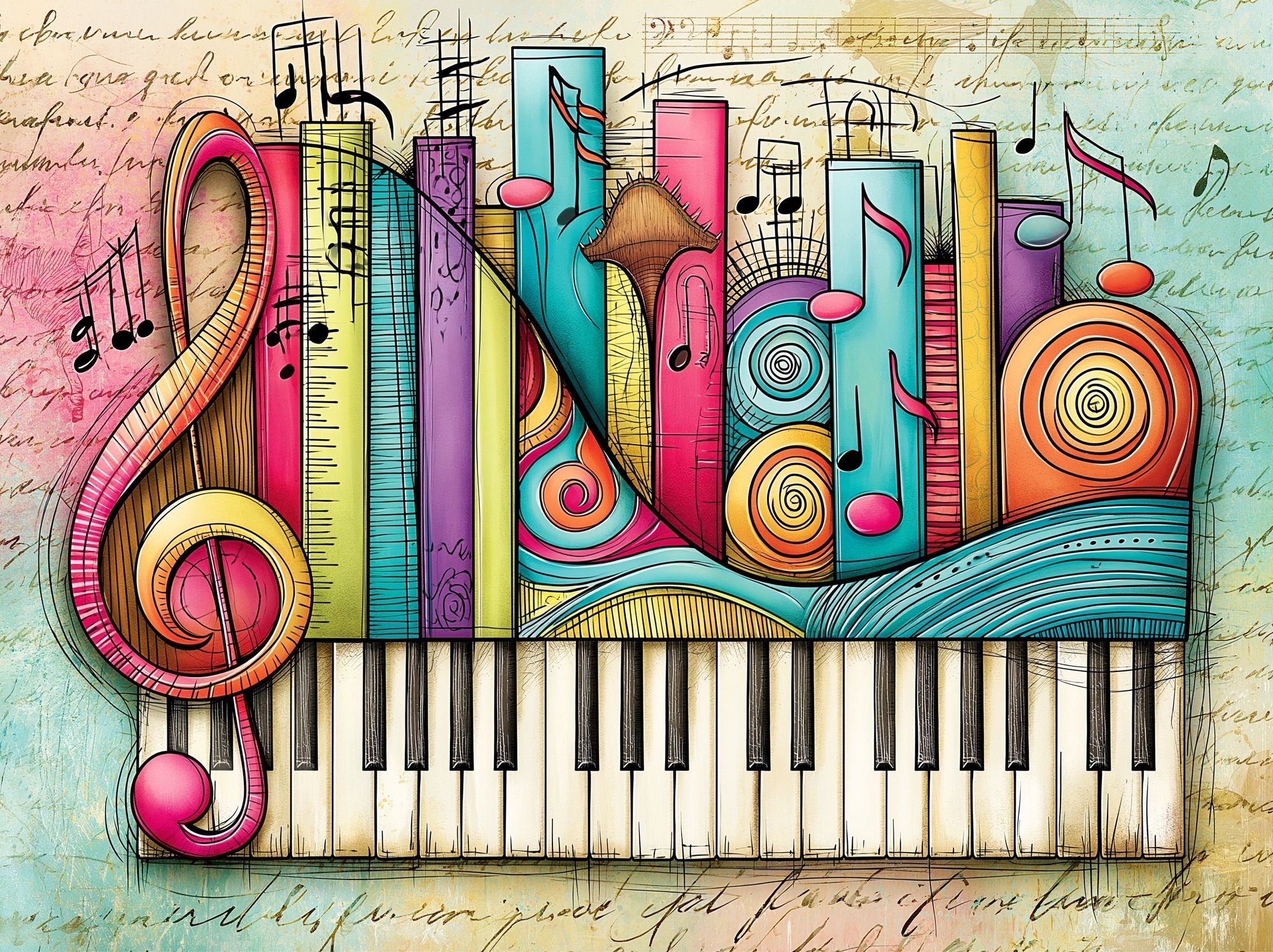 Colorful Piano Notes Illustration Poster. poster — illustration art