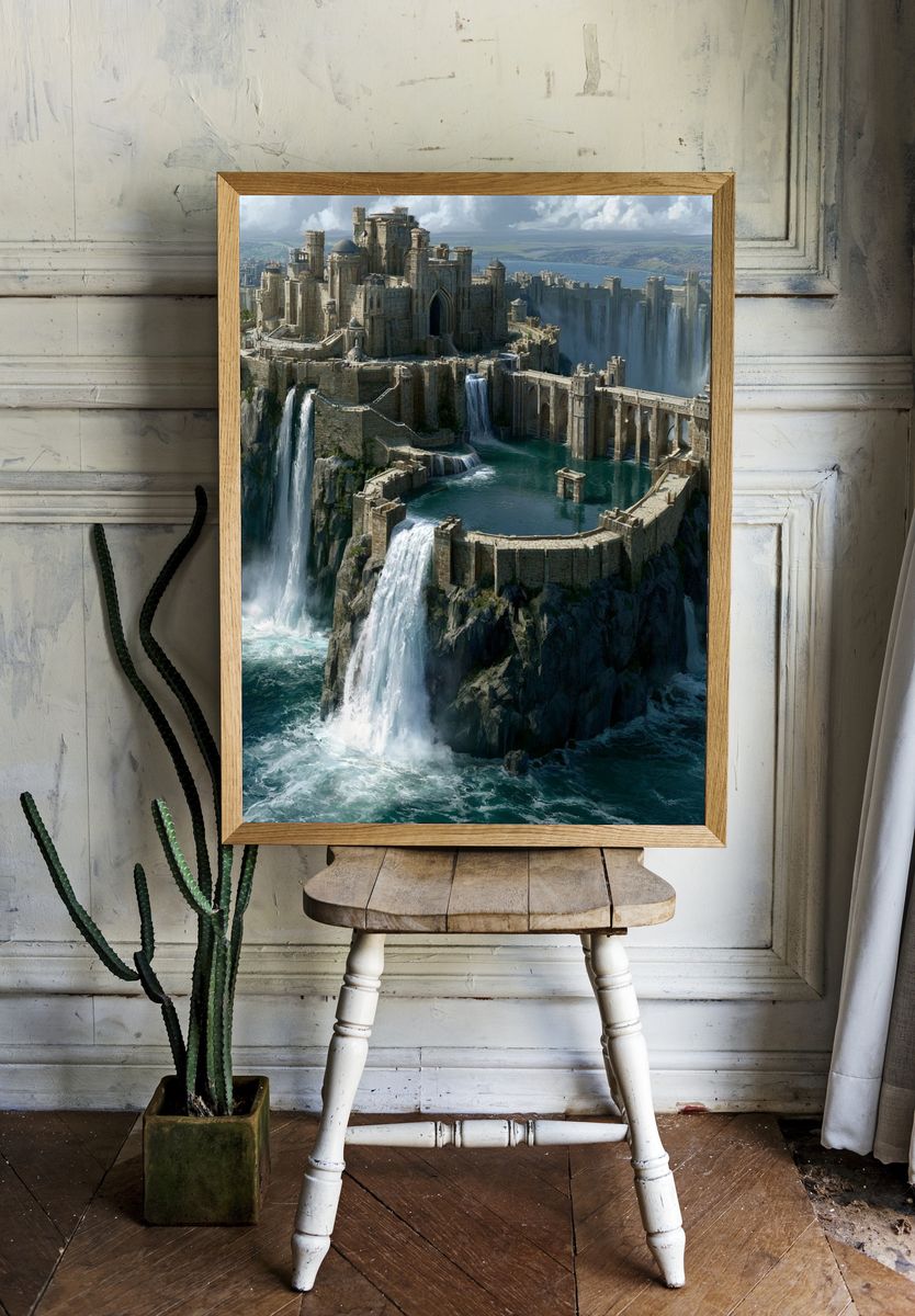 Waterfall Citadel Fantasy Print. — room view 1