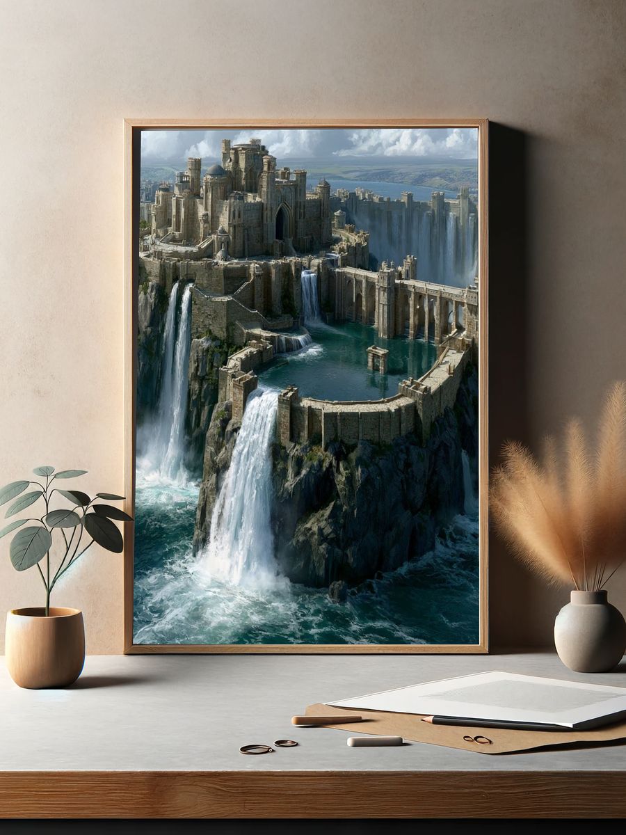 Waterfall Citadel Fantasy Print. — room view 2