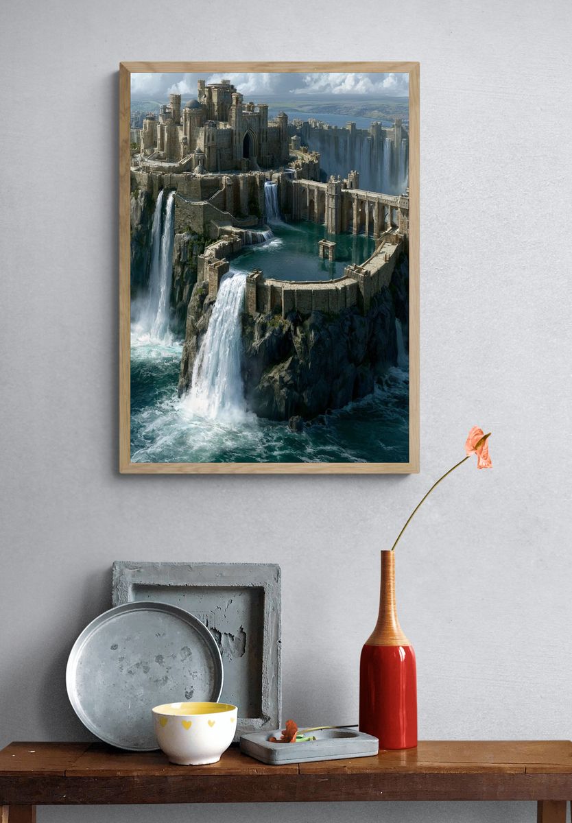 Waterfall Citadel Fantasy Print. — room view 3