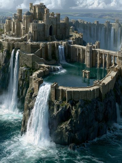 Waterfall Citadel Fantasy Print.