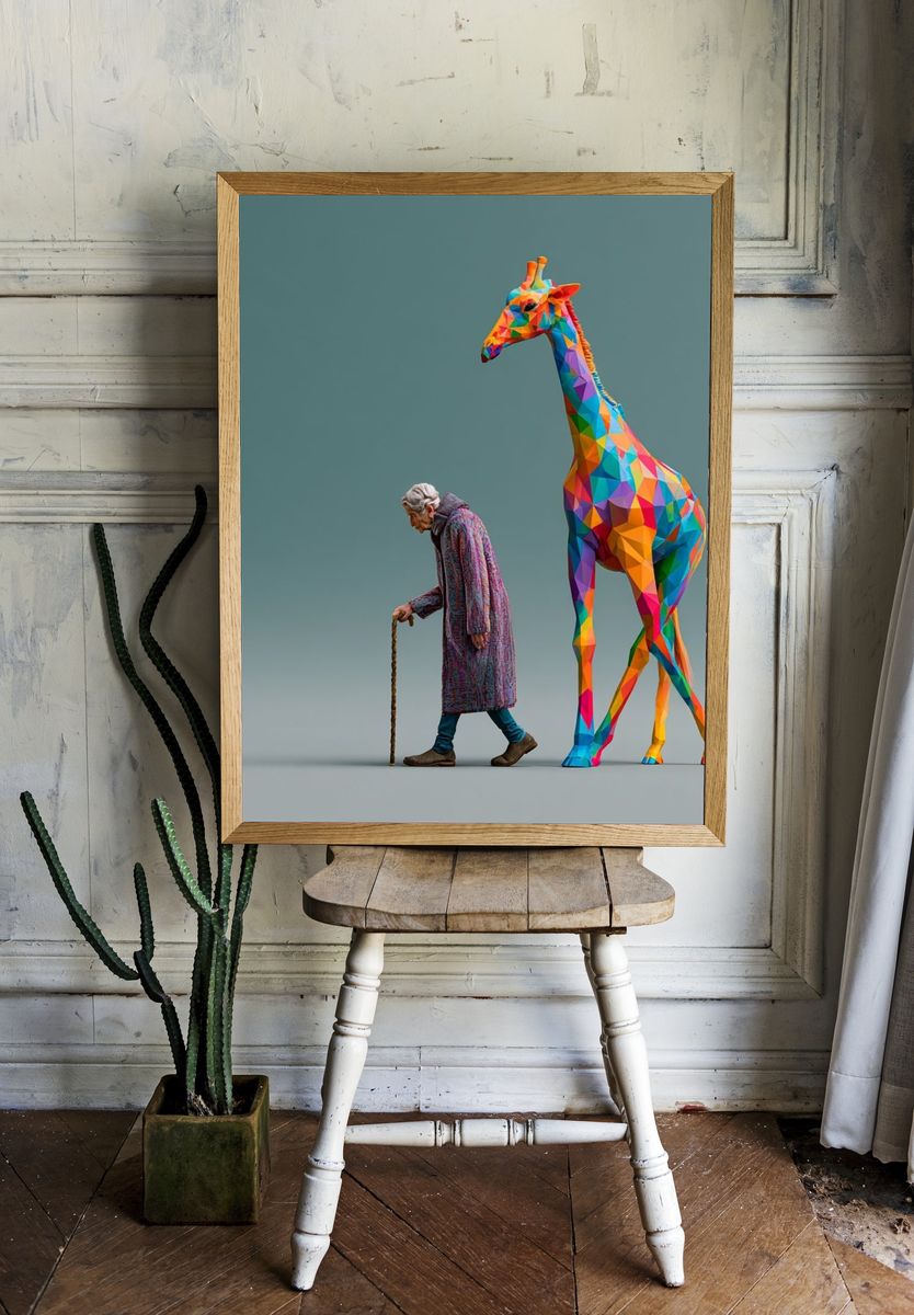 Elderly Woman and Giraffe Illustration Poster. — room view 1