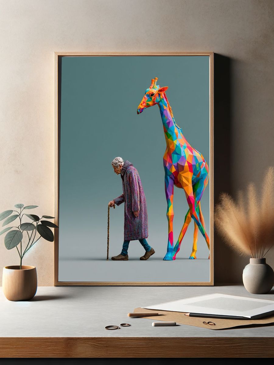 Elderly Woman and Giraffe Illustration Poster. — room view 2