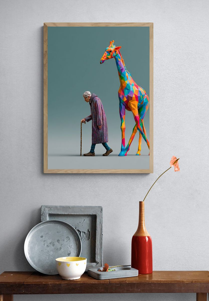 Elderly Woman and Giraffe Illustration Poster. — room view 3