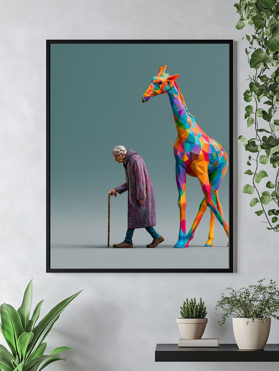 Elderly Woman and Giraffe Illustration Poster. — room view 4