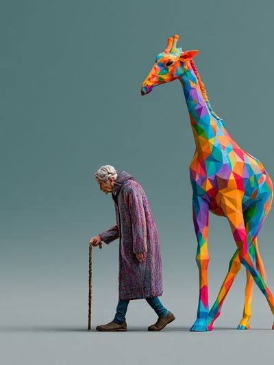 Elderly Woman and Giraffe Illustration Poster. poster